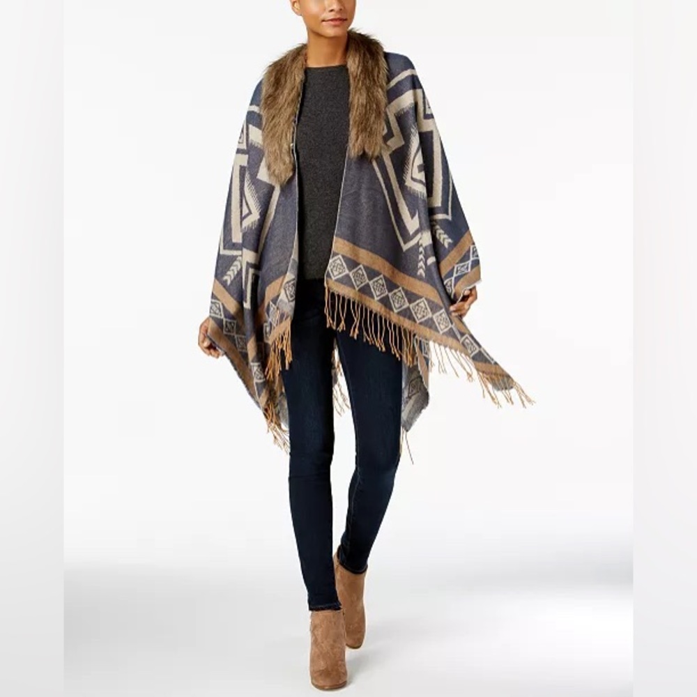 Marcus Adler cape styled in a Southwestern motif and a swish of boho fringe. EUC